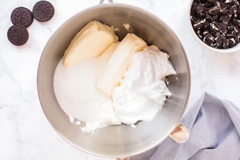 butter, cream cheese and sugar in mixing bowl