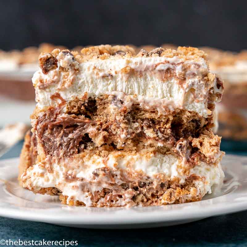 slice of chocolate chip icebox cake on a plate