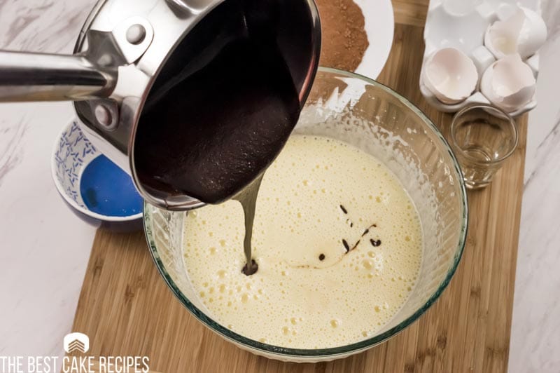 chocolate pouring into cake batter