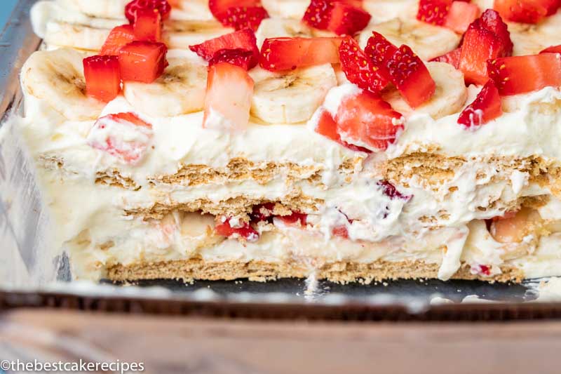 layers of strawberry banana icebox cake