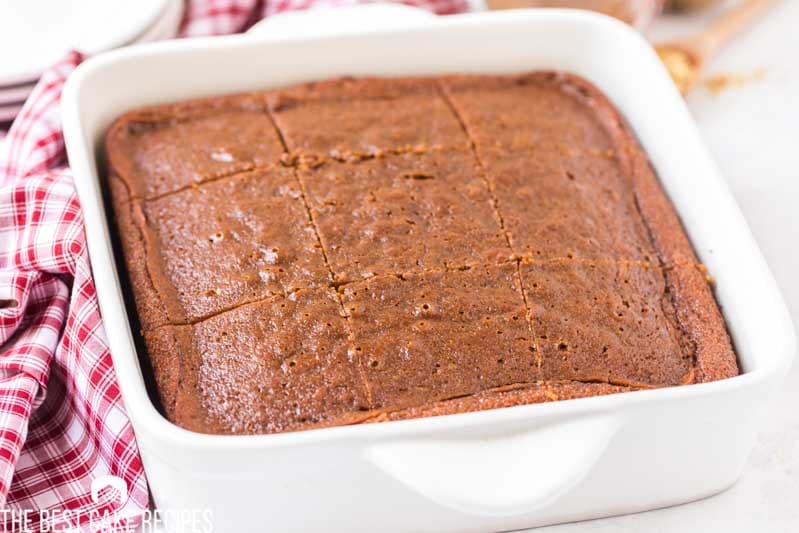 bread cake in baking pan cut into 9 slices