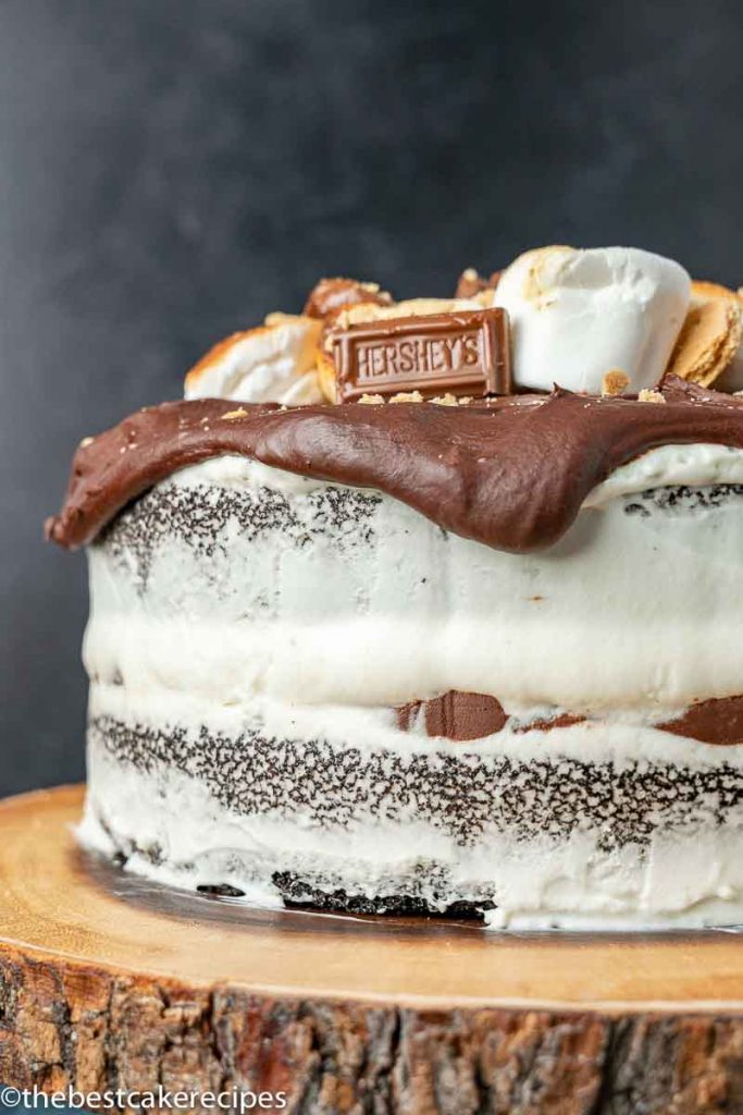 layered s'mores cake with chocolate ganache