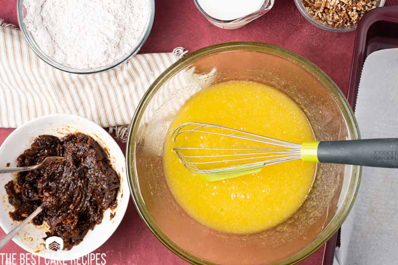 whisked eggs, oil and sugar for cake