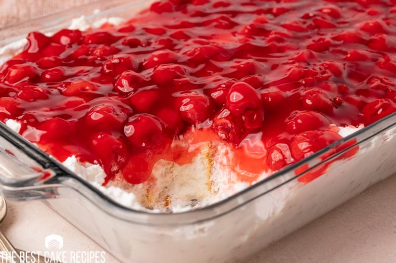 baking dish with angel food and cherries