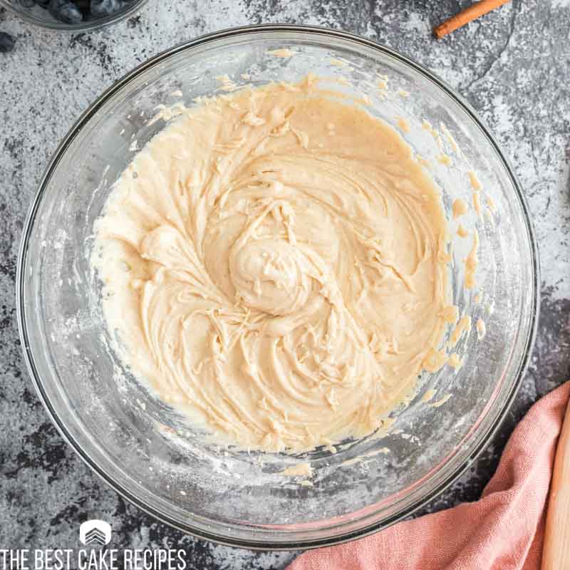 mixed cake batter in a bowl