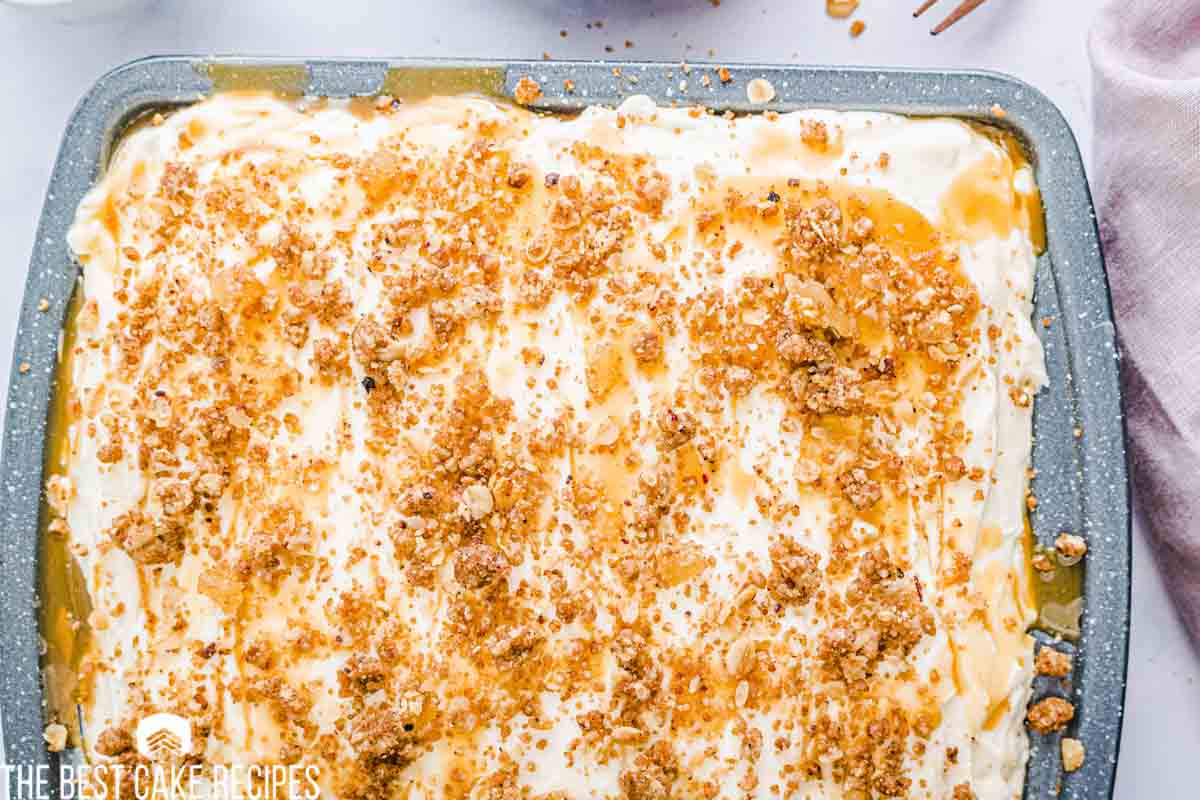 overhead view of gingerbread eggnog poke cake