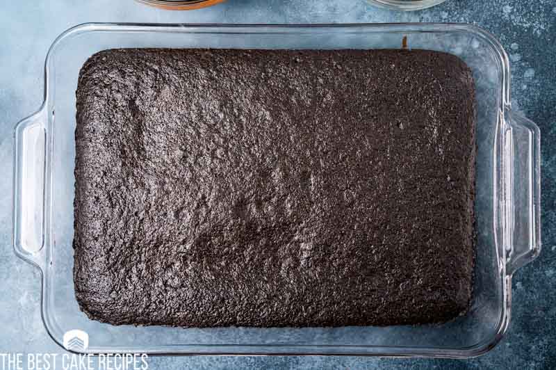 baked chocolate cake in a 9x13 pan