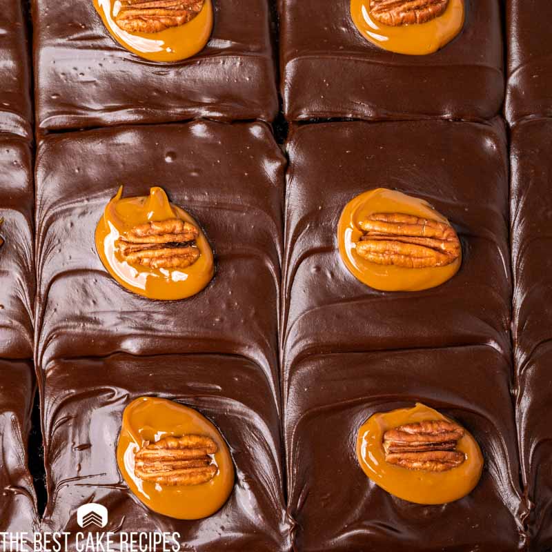 overhead view of a chocolate cake with caramel and pecans