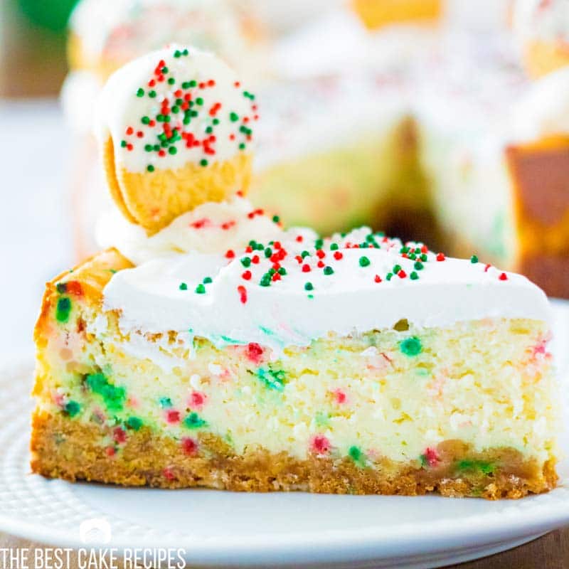 slice of christmas cheesecake on a plate