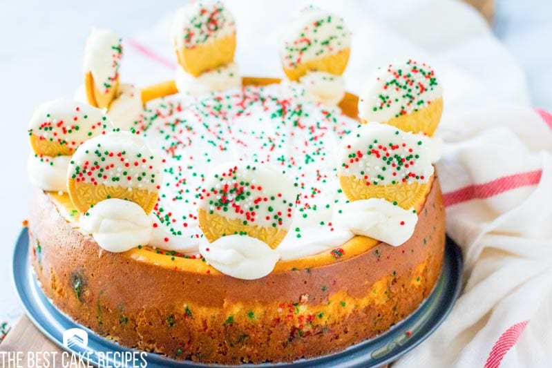 whole christmas cookie cheesecake with sprinkles