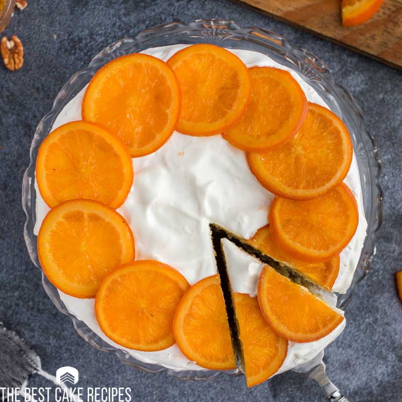 overhead view of a candied orange cake