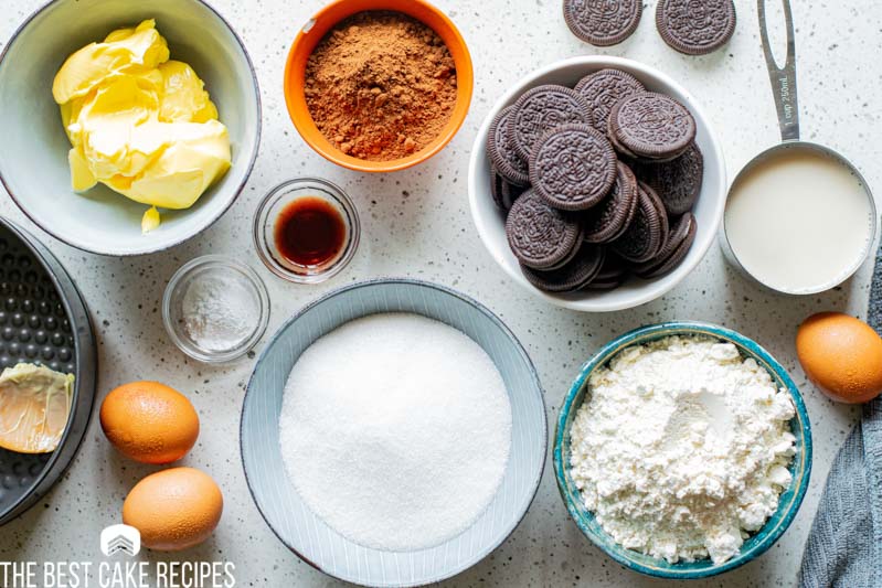 ingredients for oreo chocolate snack cake on a table