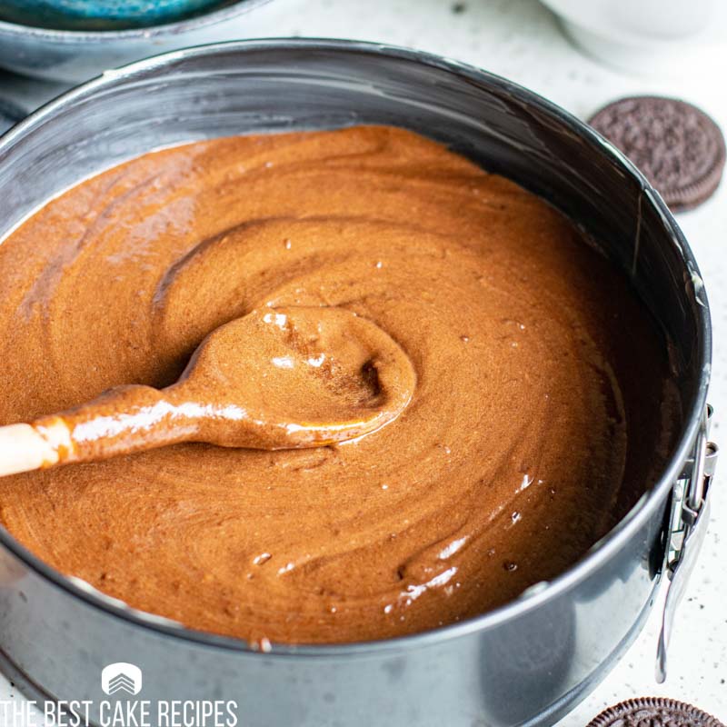 chocolate cake batter in a springform pan