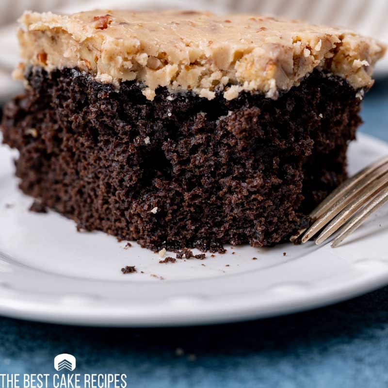 piece of chocolate praline cake with a bite missing