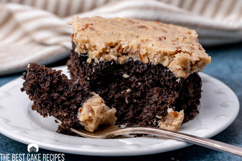 chocolate cake on a plate with a bite on a fork