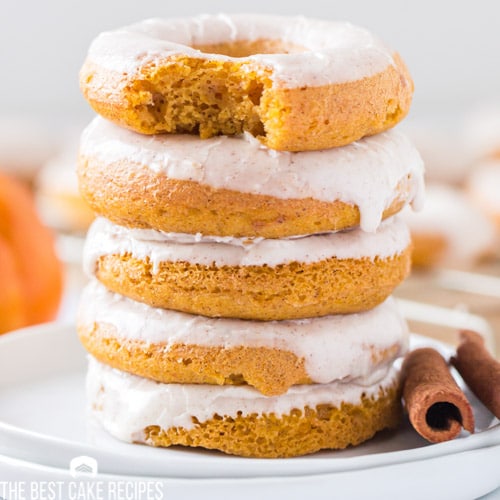 stack of 5 pumpkin cake mix donuts on a plate