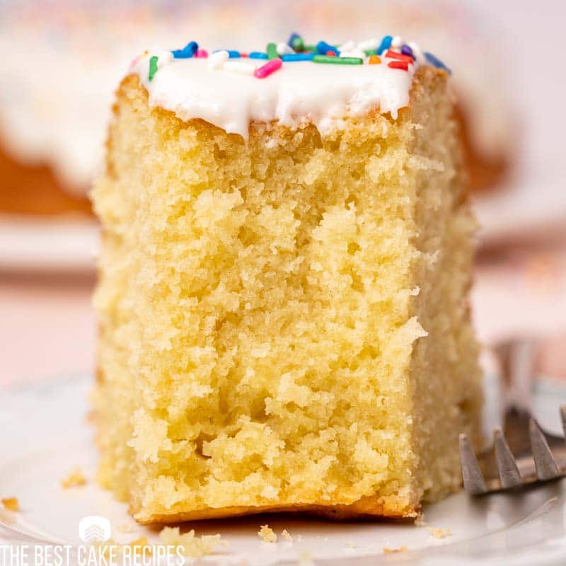 piece of donut pound cake with a bite out