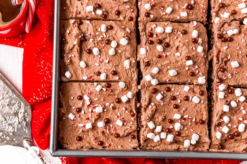 overhead view of a sliced peppermint chocolate cake