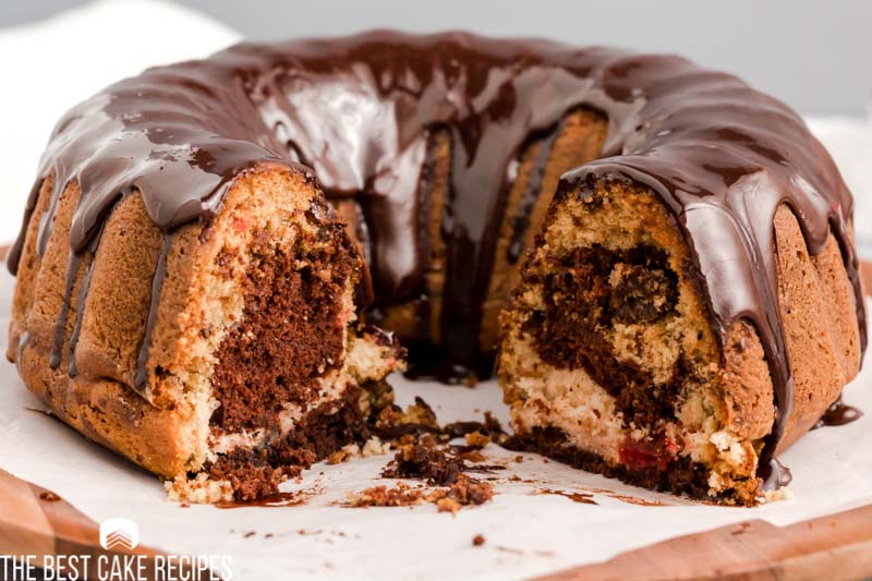 cherry marble cake with one slice missing