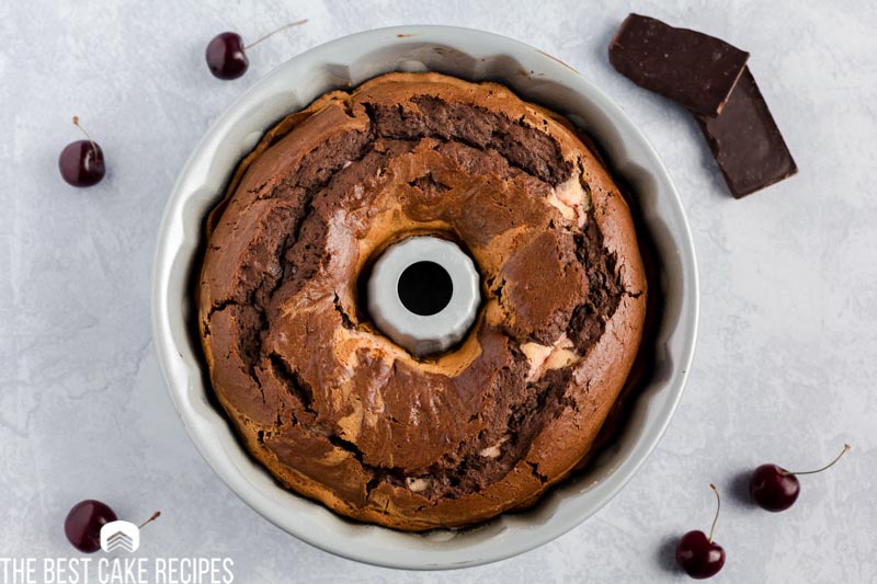 baked cherry marble cake in a pan