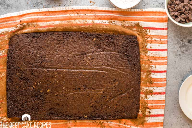 chocolate cake baked and layed on a towel