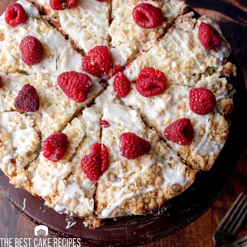 overhead view of raspberry cake