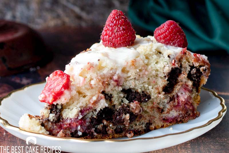 closeup of raspberry chocolate coffee cake