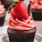 closeup of a chocolate strawberry filled cupcake