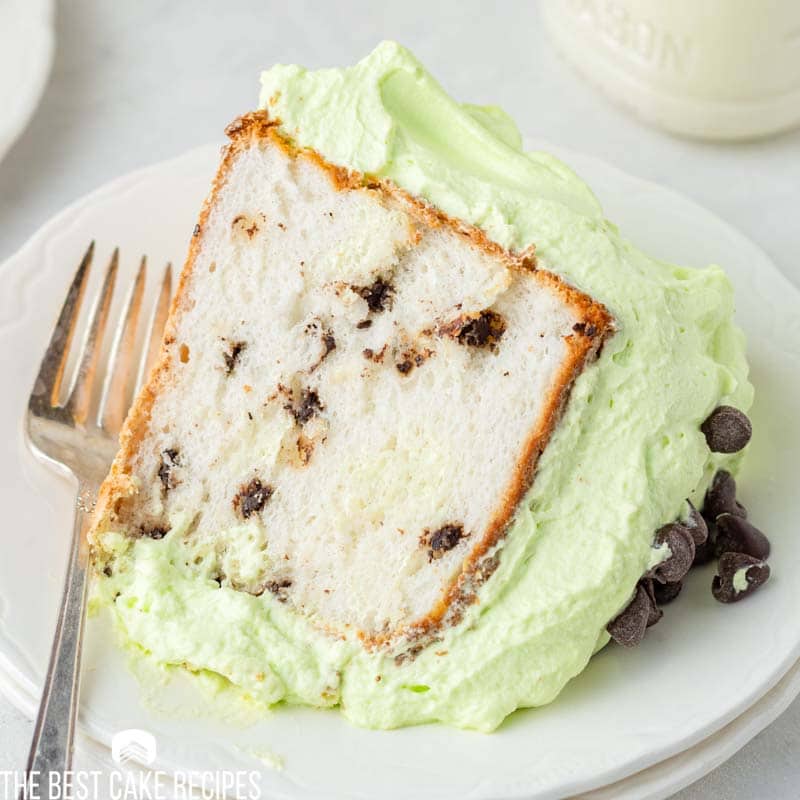 piece of chocolate chip angel food cake on a plate with a fork