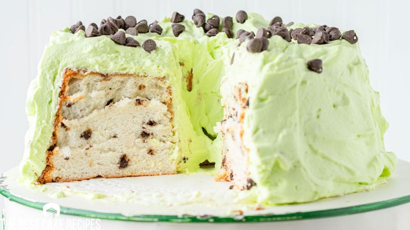 mint chocolate chip angel food cake with green frosting