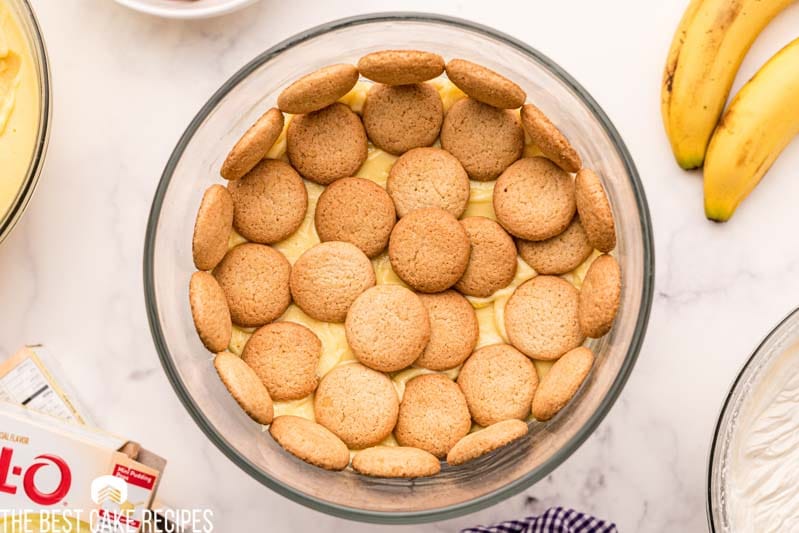 wafer cookies over pudding in a bowl