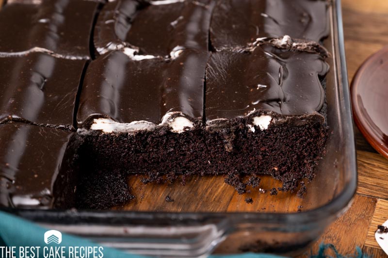 chocolate cake with fudge frosting in a baking pan