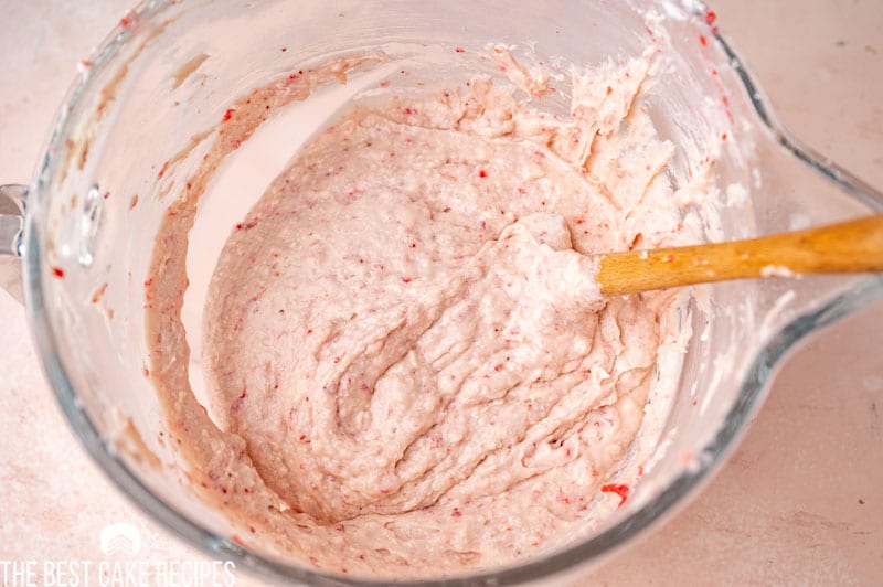 strawberry cake batter in a bowl