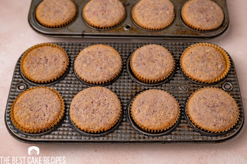 baked strawberry cupcakes in a muffin pan