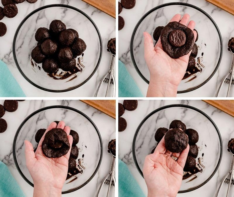 collage of four pictures showing how to form cookie dough balls