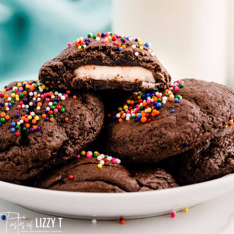 plate of peppermint patty stuffed cake mix cookies