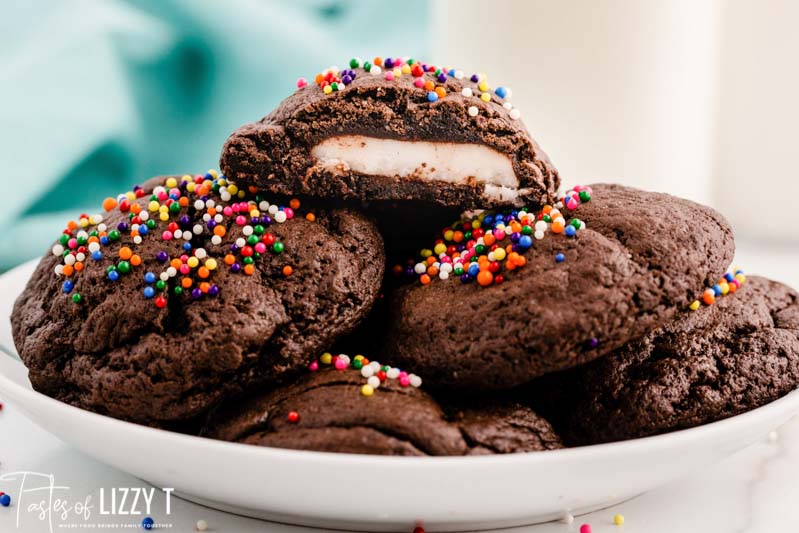 plate of peppermint patty stuffed cake mix cookies