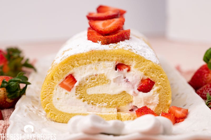 closeup of a strawberry cake roll