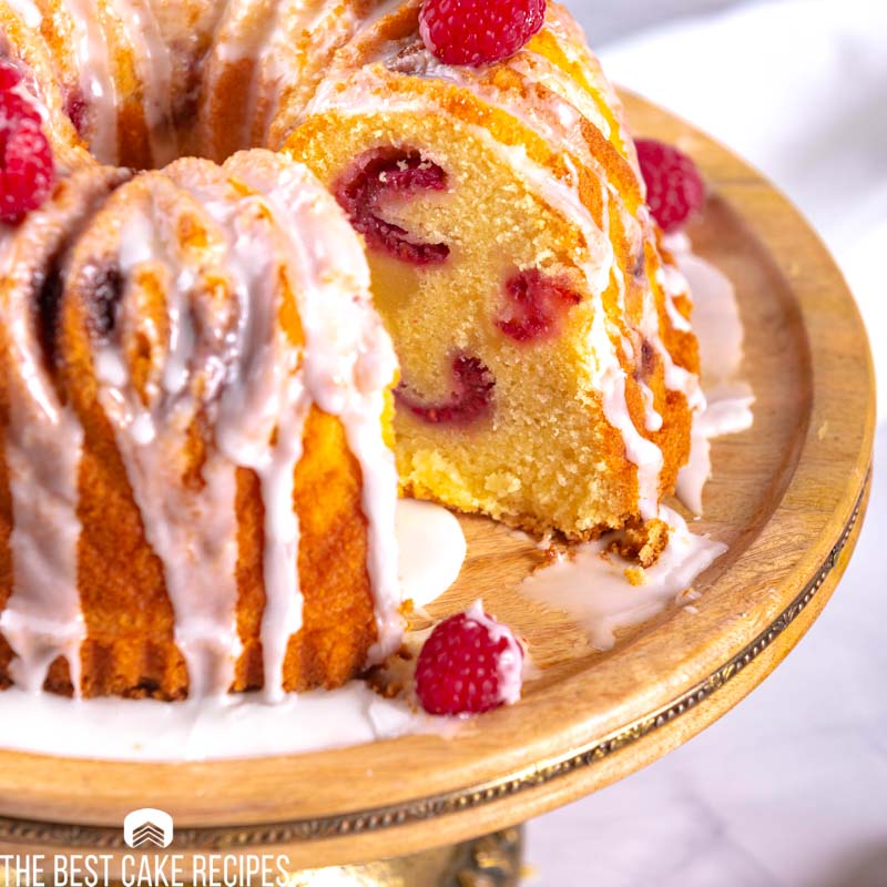 closeup of a raspberry moscow mule bundt cake