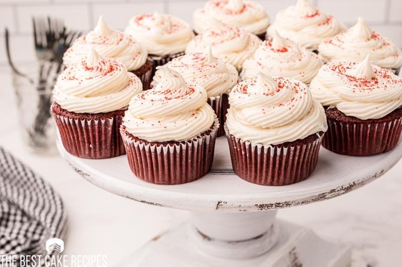 red velvet cupcakes on a cake plate