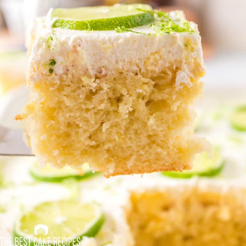 a piece of lime poke cake on a spatula