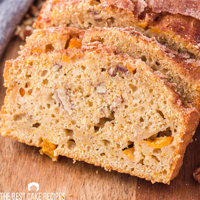 two slices of peach loaf cake