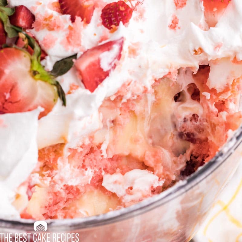 strawberry cake trifle with a spoonful out