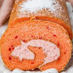 closeup of strawberry cake roll from cake mix