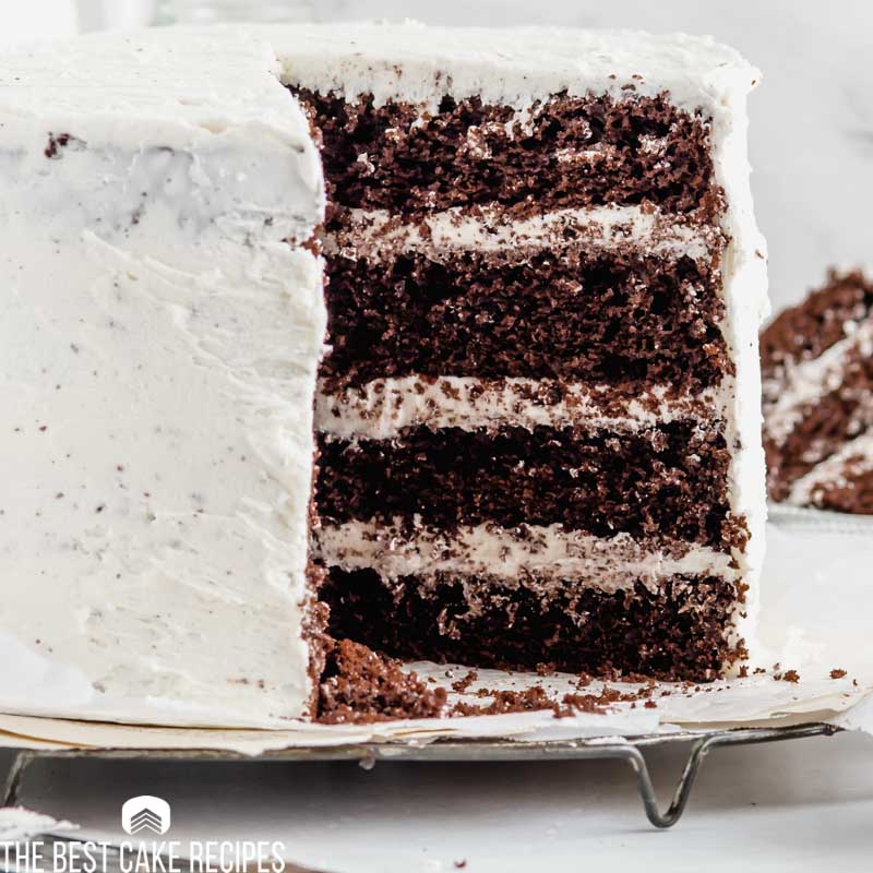 4 layer chocolate cake with white frosting