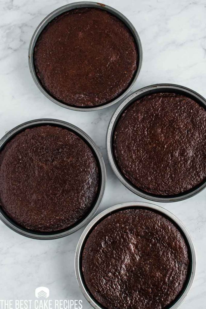 4 chocolate cake layers in baking pans