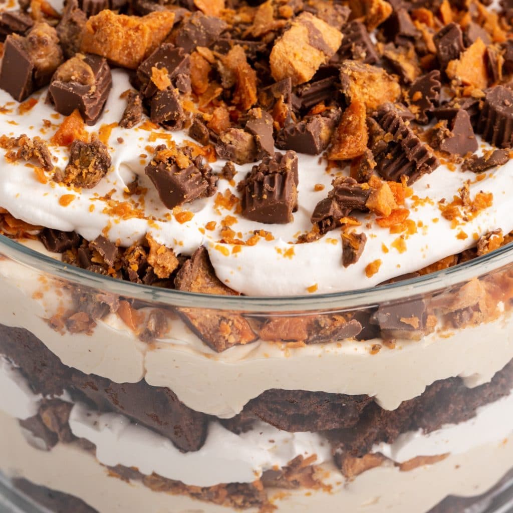 layered dessert with Reese's, Butterfinger and cake