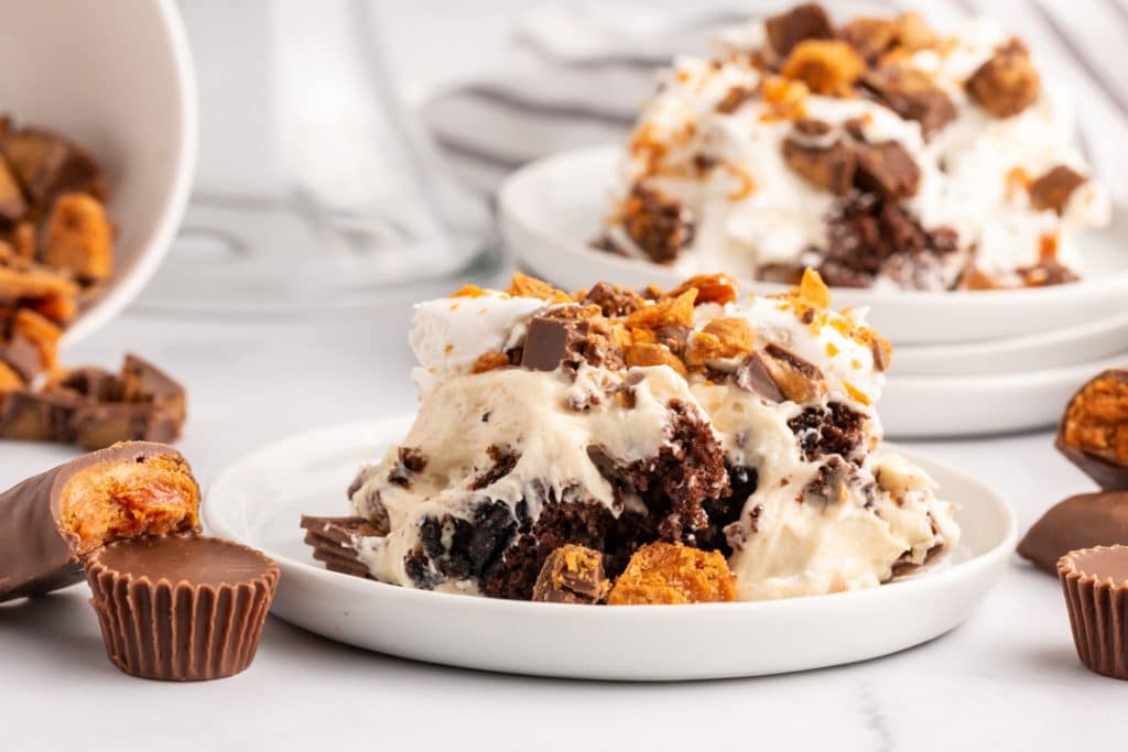 a pile of Reese's cake trifle on a plate