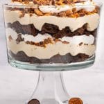 chocolate butterfinger trifle in a glass dish