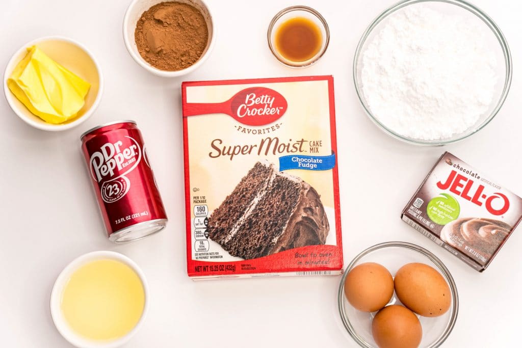 ingredients for dr pepper cake on a table